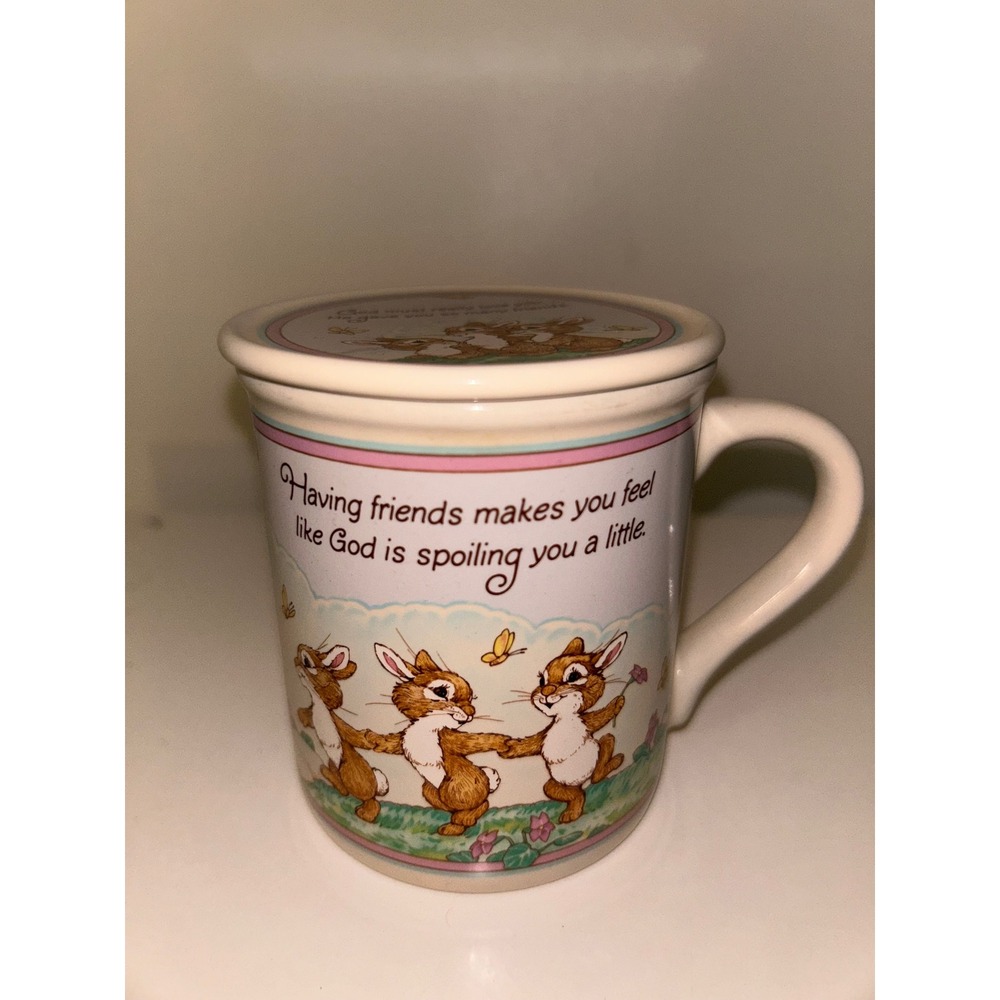 Vintage 1986 Hallmark Mug Mates Bunny Deer Friends Ceramic Mug with Lid Japan